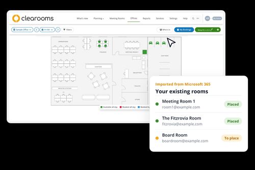 Clearooms floor plan with Office 365 meeting rooms imported and placed