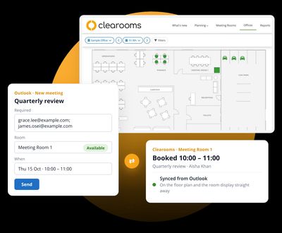 Outlook meeting room booking synced to the same room in the Clearooms meeting room booking system