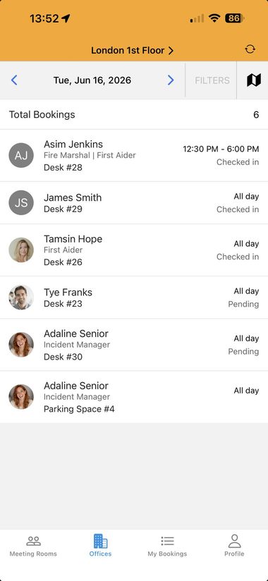 Bookings list