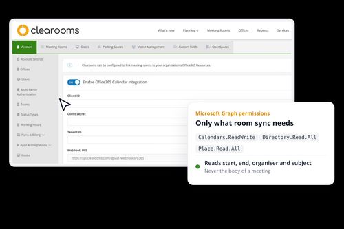 Clearooms Office 365 calendar integration settings and the Microsoft Graph permissions it uses