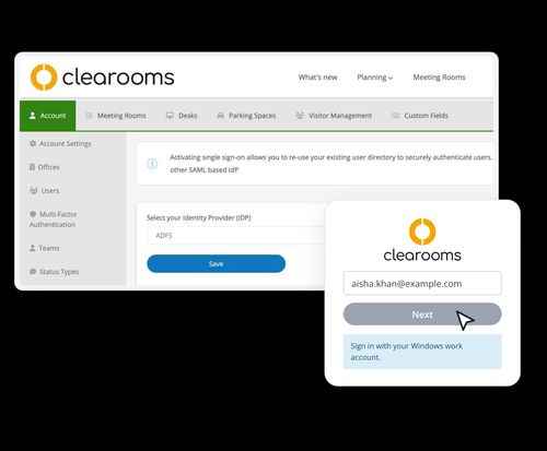 Clearooms single sign-on settings with ADFS selected, next to the Clearooms login screen
