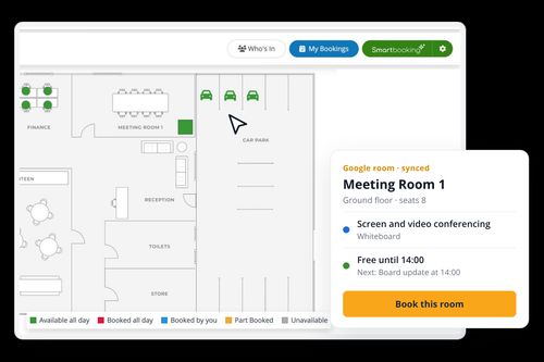 Clearooms floor plan with a synced Google meeting room and its details card