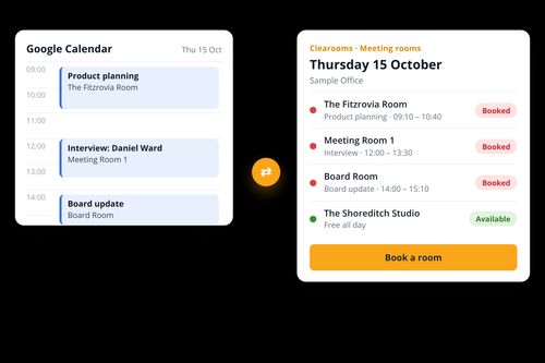 Google Calendar room bookings and the same bookings in the Clearooms meeting rooms view