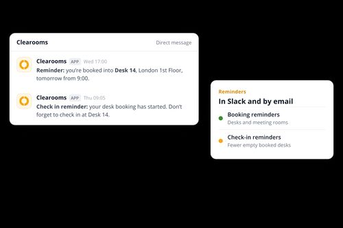 Clearooms desk booking and check-in reminders sent to a user in Slack