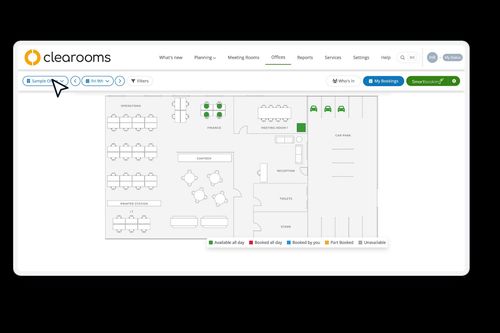 Clearooms desk booking floor plan for one office, with access managed in JumpCloud