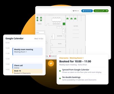 Google Calendar meeting synced to the same room in Clearooms, shown on the floor plan