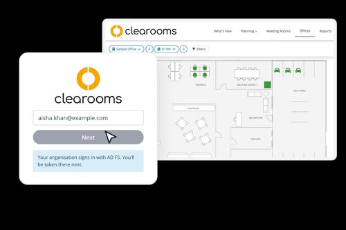 Clearooms login screen for AD FS single sign-on with a Windows work account, in front of the desk booking floor plan Image side: right