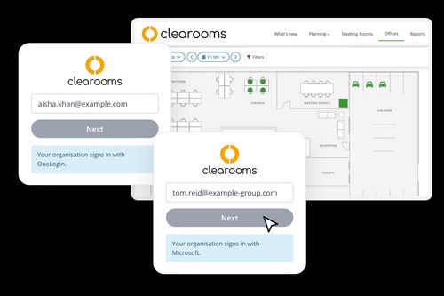 Two Clearooms login screens for different email domains, one signing in with OneLogin and one with Microsoft