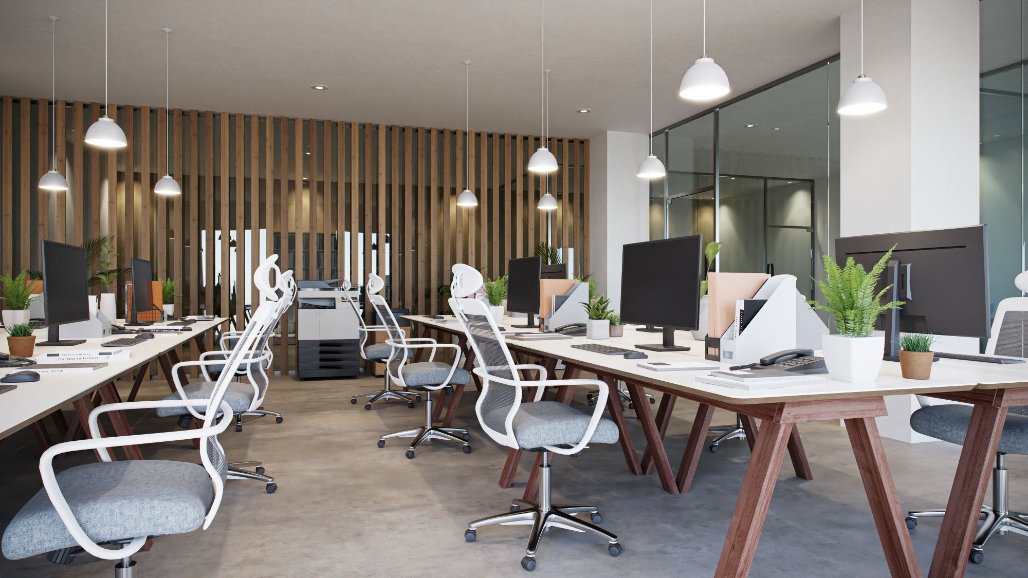 A lot of desks in an office