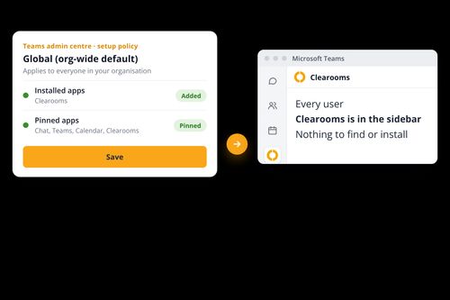 Teams setup policy adding and pinning the Clearooms app for every user