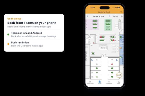 Clearooms mobile app on a phone, next to a summary of desk and room booking in the Teams mobile app