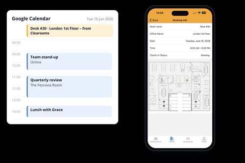 Google Calendar day showing a Clearooms desk booking next to meetings, with the booking in the Clearooms mobile app