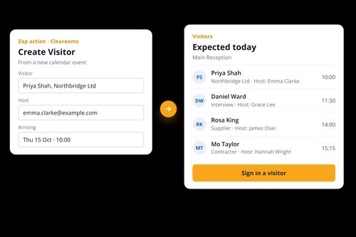 Zapier Create Visitor action adding a visitor to the Clearooms expected visitors list