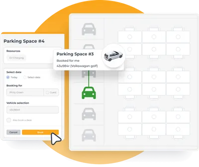 The Clearooms parking booking interface showing a floor plan view alongside a space booking panel.