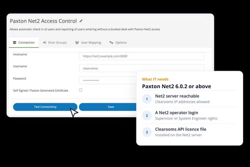 Clearooms Paxton Net2 integration settings connecting to a Net2 server