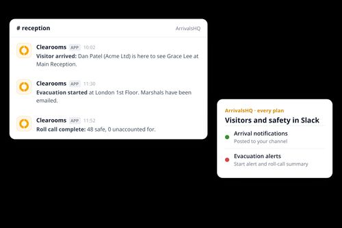 ArrivalsHQ visitor arrival notification and evacuation roll-call summary posted in Slack
