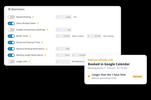Clearooms meeting rules with a Google Calendar booking flagged for breaking the length limit