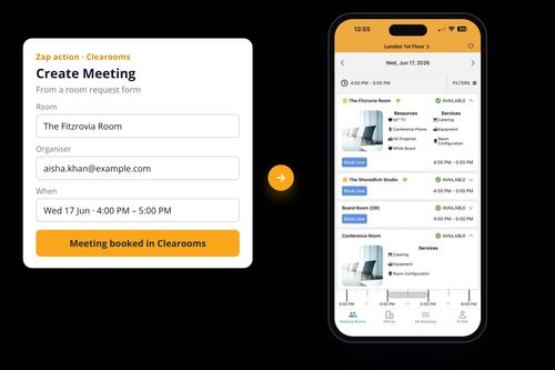 Zapier Create Meeting action booking The Fitzrovia Room, shown in the Clearooms mobile app