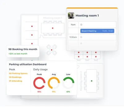 The Clearooms parking booking interface showing a floor plan view alongside a space booking panel.