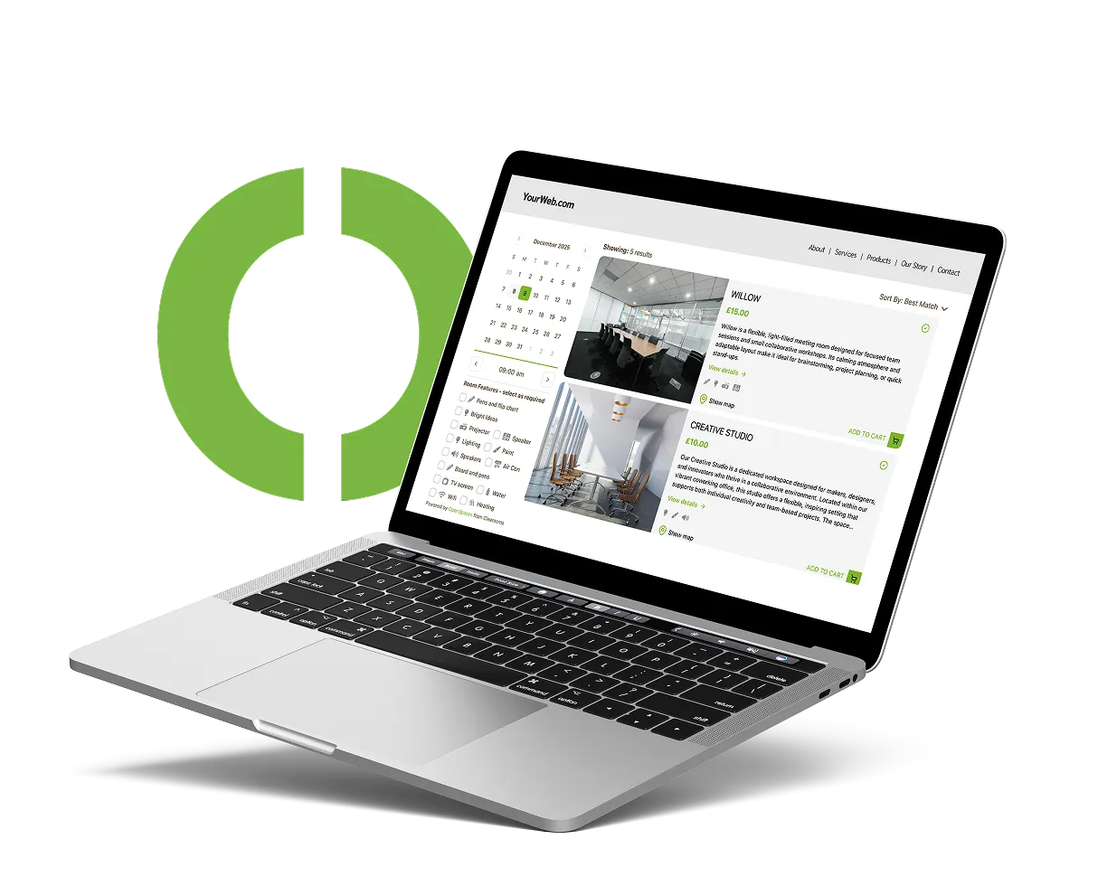 Openspaces workspace booking platform shown on a laptop, enabling teams to find and book offices and meeting rooms.