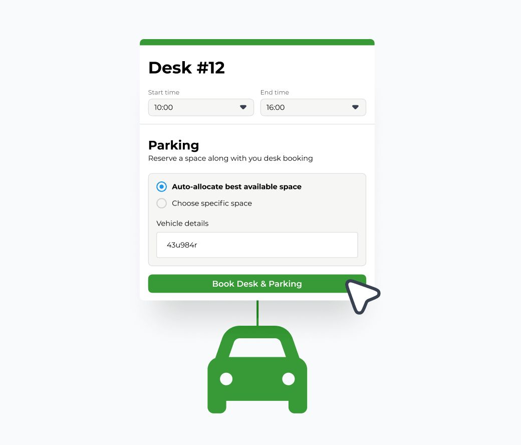 The Clearooms desk booking interface with an integrated parking reservation option.