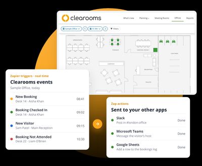 Clearooms booking and visitor events sent through Zapier to Slack, Microsoft Teams and Google Sheets