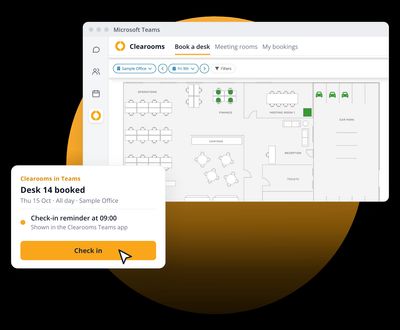 Desk booking with Microsoft Teams: the Clearooms floor plan open inside Teams with a desk booked and a check-in reminder