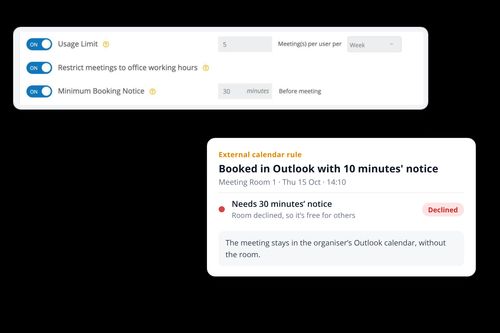 Clearooms meeting room rules with an Outlook booking declined for breaking the minimum notice rule