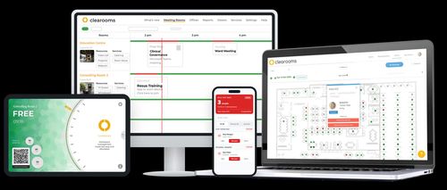 Clearooms on a monitor, tablet, phone and laptop: a room booking calendar for Education Centre and Consulting Room 2, a room panel showing the room free, a fire roll call on a phone, and a desk booking floor plan.