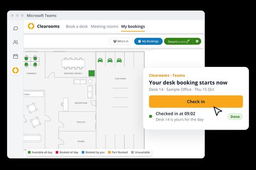 Clearooms desk check-in reminder and confirmation inside Microsoft Teams
