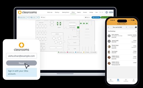 Clearooms desk booking on a laptop and the Clearooms mobile app bookings list, with the login screen for Okta single sign-on