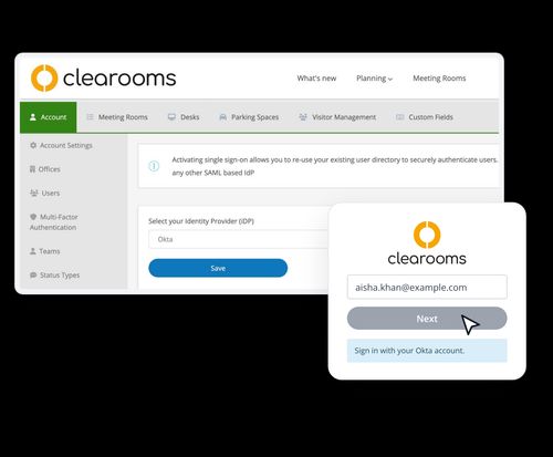 Clearooms single sign-on settings with Okta selected, next to the Clearooms login screen