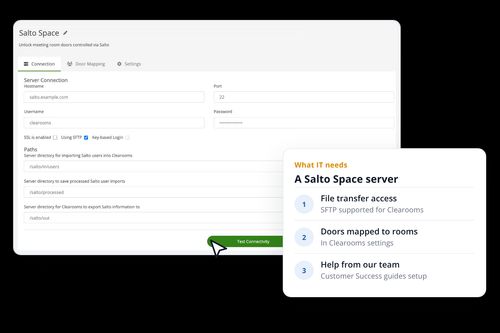 Clearooms Salto Space integration settings connecting to a Salto server over SFTP