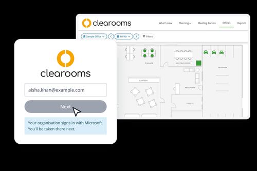 Clearooms login screen for Microsoft Entra ID single sign-on, in front of the desk booking floor plan