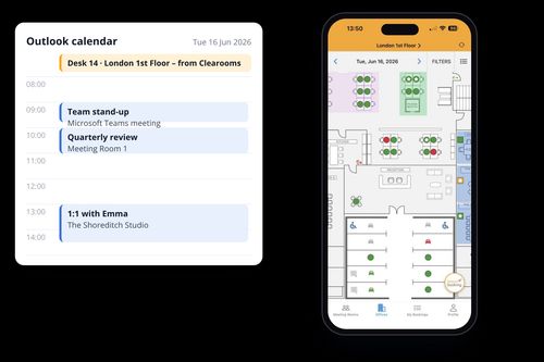 Outlook calendar showing a Clearooms desk booking next to meetings, with the desk in the Clearooms mobile app