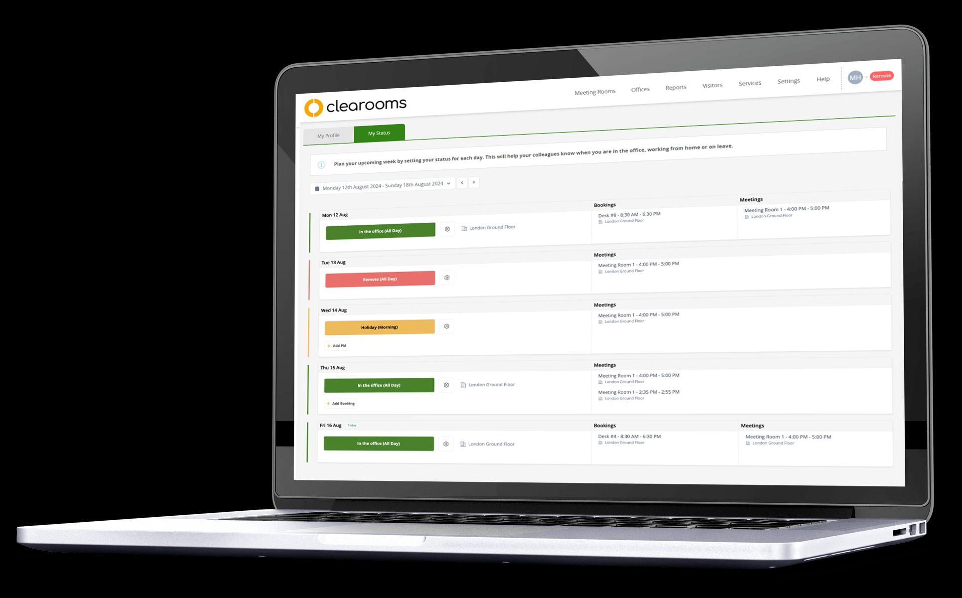 Desk booking software showing users status availability