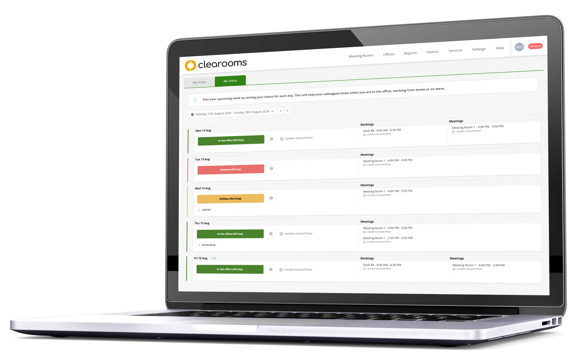 Desk booking software showing users status availability