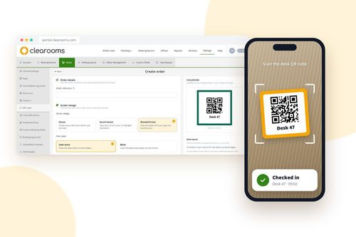 Clearooms desk QR sticker order page and a phone checking in to a desk by scanning its QR code