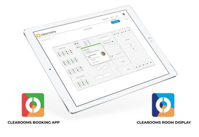 Clearooms booking app and room display shown on a tablet
