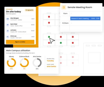Clearooms for education: a reception visitor sign-in list, a meeting room schedule, a campus floor plan of available and booked desks, and desk bookings by building.