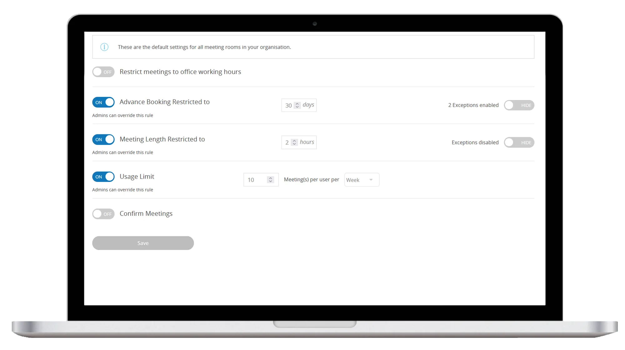 Our meeting room booking software offers unique features related to custom rules