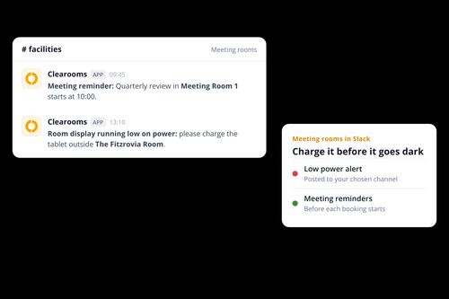 Clearooms meeting room reminder and low battery room display alert in Slack