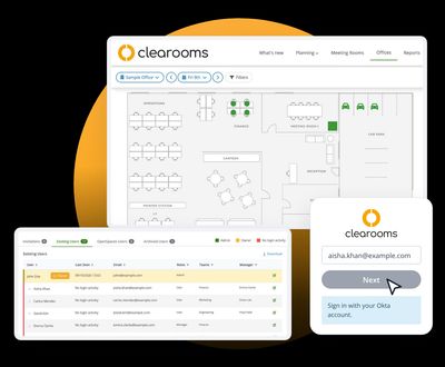 Clearooms desk booking floor plan, users list and login screen for Okta single sign-on