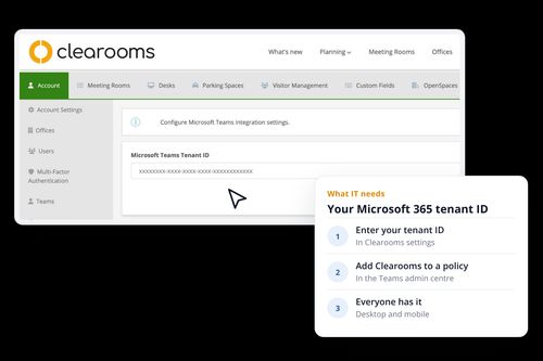 Clearooms Microsoft Teams settings showing the tenant ID field, with the three setup steps