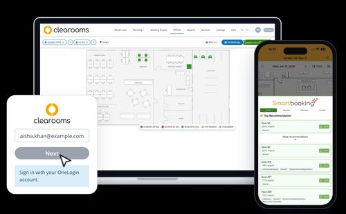 Clearooms desk booking on a laptop and Smartbooking in the Clearooms mobile app, with the login screen for OneLogin single sign-on
