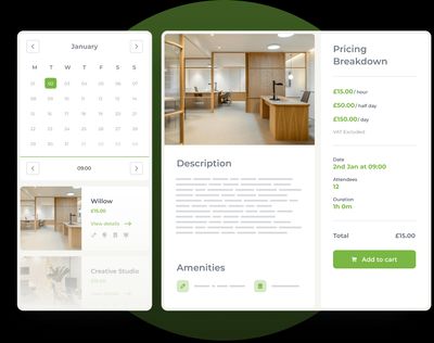 Product UI representing a flexible workspace available to book with Openspaces.