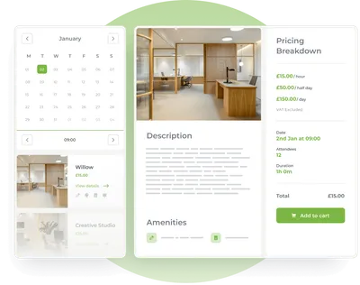 Product UI representing a flexible workspace available to book with Openspaces.