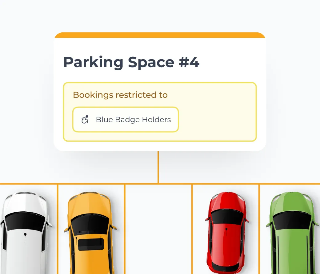 The Clearooms parking settings panel showing a space restricted to Blue Badge holders.