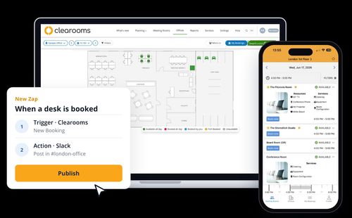 New Zap with a Clearooms New Booking trigger and a Slack action, beside Clearooms on a laptop and mobile