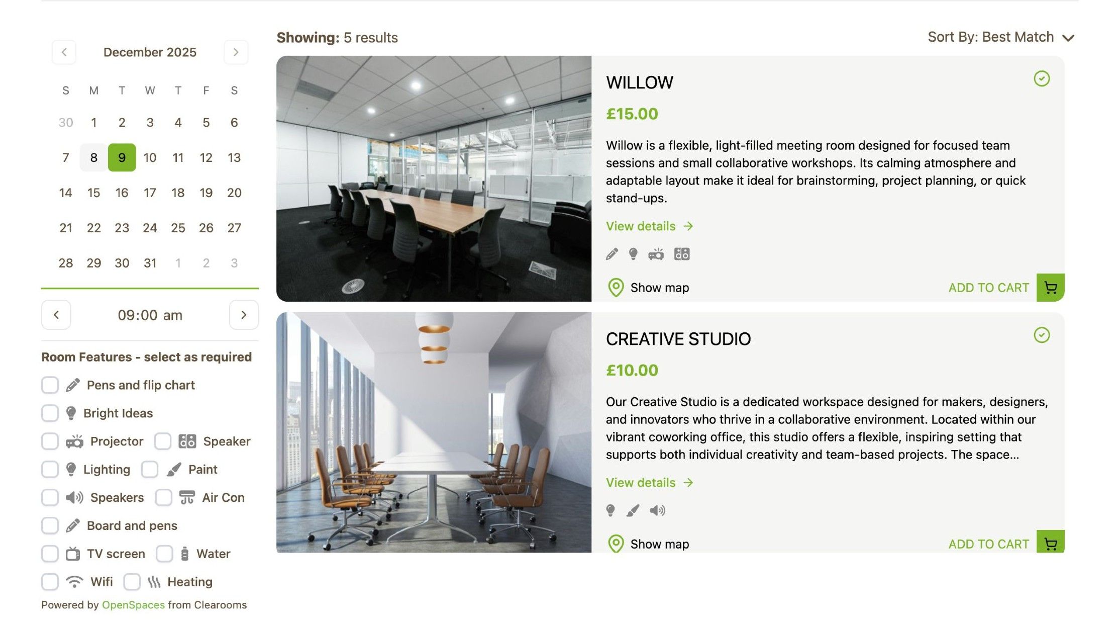 Openspaces search results displaying meeting rooms and creative workspaces with pricing and booking options.
